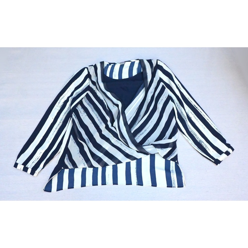 Chicos Womens 1 US 8/10 Navy Cream Striped Faux Wrap Blouse Long Blouson Sleeve